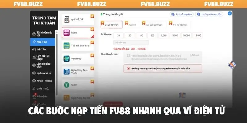 Các bước nạp tiền FV88 nhanh qua ví điện tử