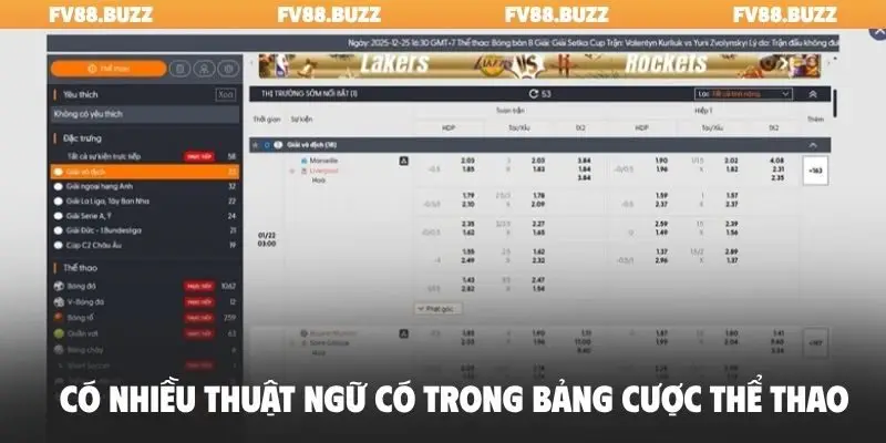 Có nhiều thuật ngữ có trong bảng cược thể thao