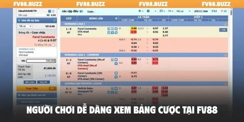 Người chơi dễ dàng xem bảng cược tại FV88